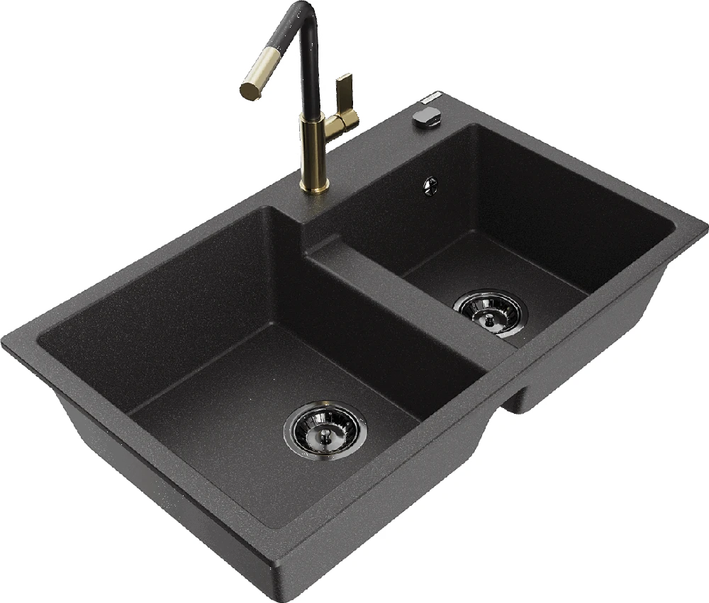 Granitinė virtuvinė plautuvė Mexen Tomas su maišytuvu ir sifonu, Juodas granite+Juodas/Gold
