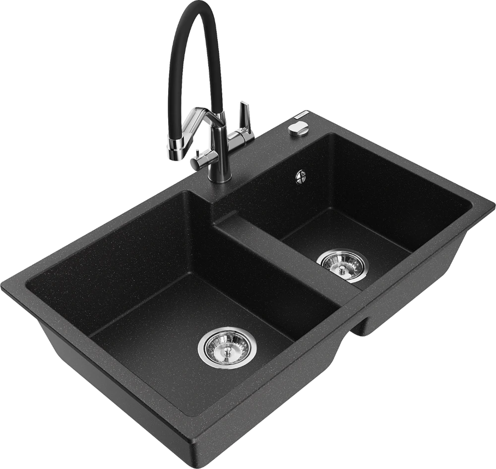 Granitinė virtuvinė plautuvė Mexen Tomas su maišytuvu ir sifonu, Metallic juodas/sidabrinis+Juodas/Chrome