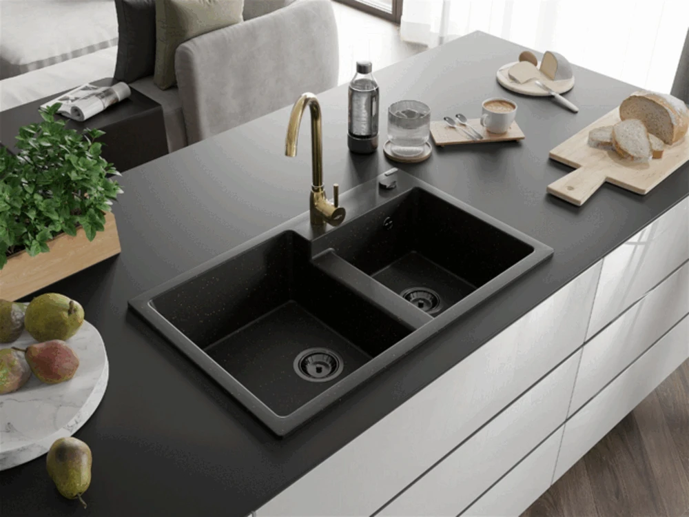 Granitinė virtuvinė plautuvė Mexen Tomas su maišytuvu ir sifonu, Metallic juodas/auksinis+Gold(B)