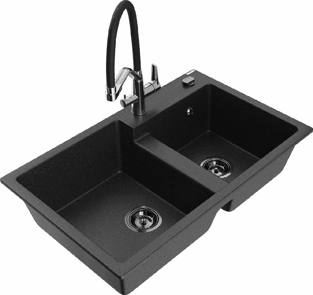 Granitinė virtuvinė plautuvė Mexen Tomas su maišytuvu ir sifonu, Metallic juodas/sidabrinis+Juodas/Chrome