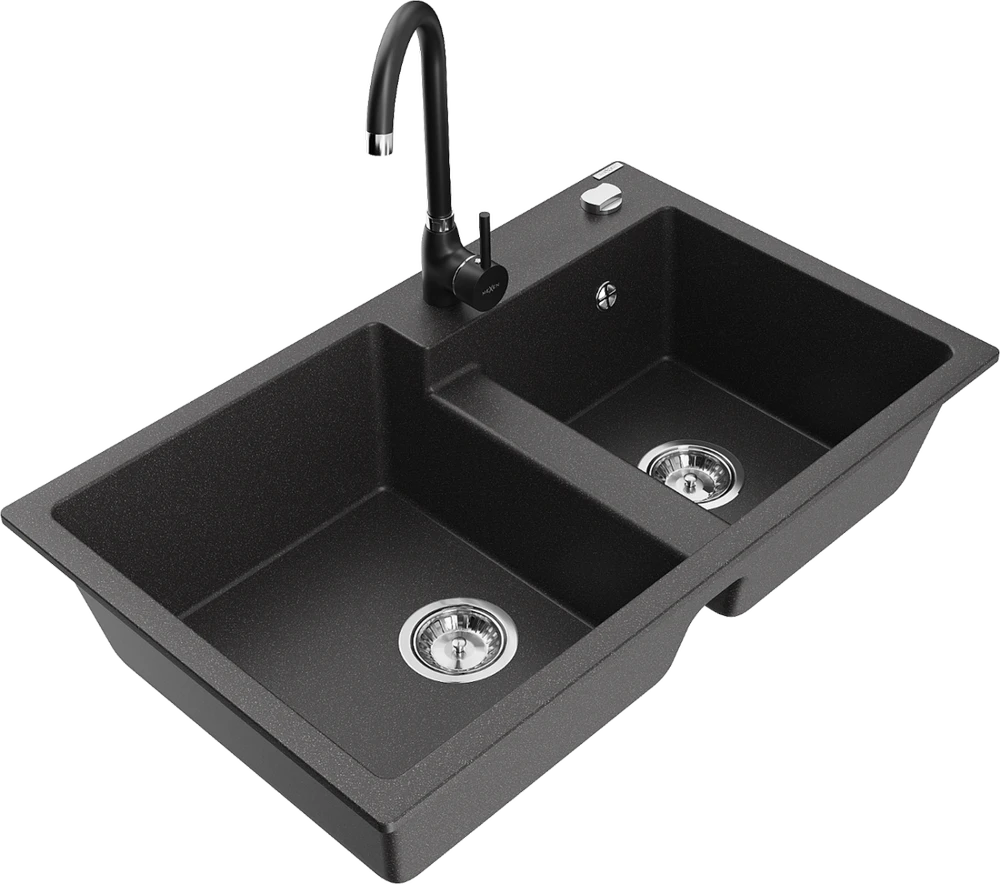 Granitinė virtuvinė plautuvė Mexen Tomas su maišytuvu ir sifonu, Juodas granite+Juodas