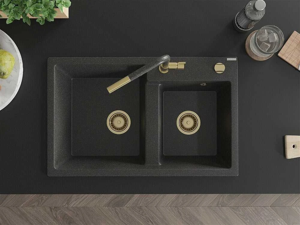 Granitinė virtuvinė plautuvė Mexen Tomas su maišytuvu ir sifonu, Juodas granite+Juodas granite/Gold