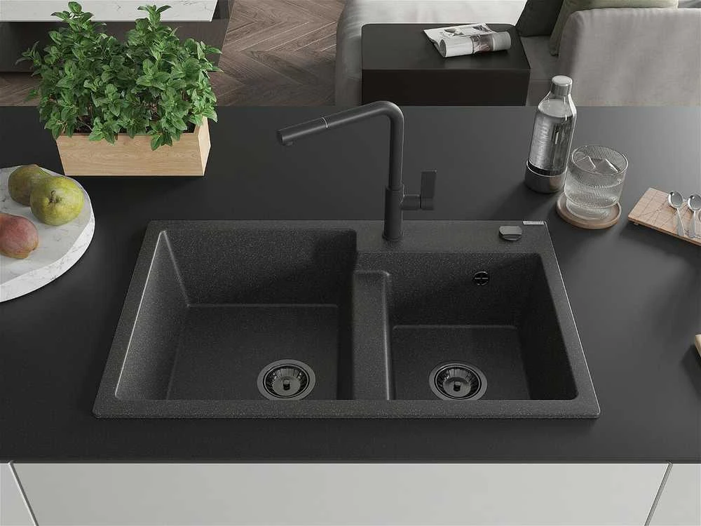 Granitinė virtuvinė plautuvė Mexen Tomas su maišytuvu ir sifonu, Juodas granite+Juodas