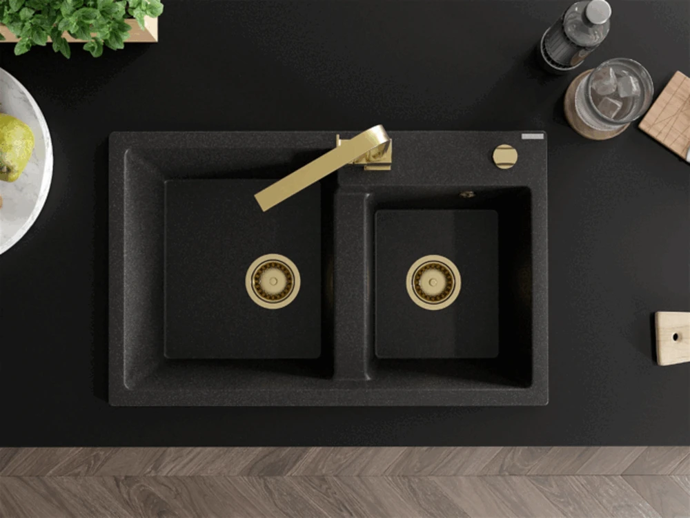 Granitinė virtuvinė plautuvė Mexen Tomas su maišytuvu ir sifonu, Juodas granite+Gold