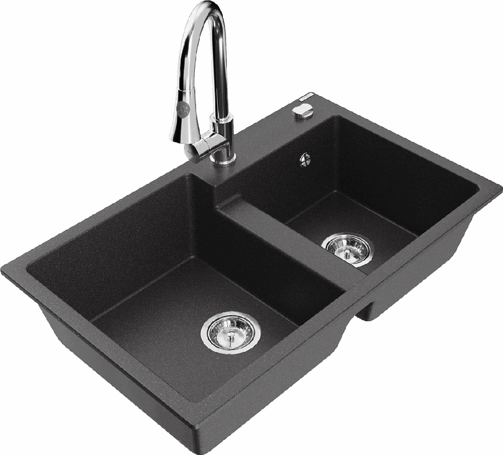 Granitinė virtuvinė plautuvė Mexen Tomas su maišytuvu ir sifonu, Juodas granite+Chrome