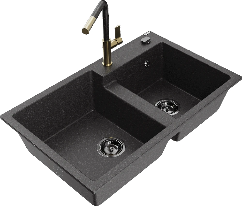 Granitinė virtuvinė plautuvė Mexen Tomas su maišytuvu ir sifonu, Juodas granite+Juodas granite/Gold