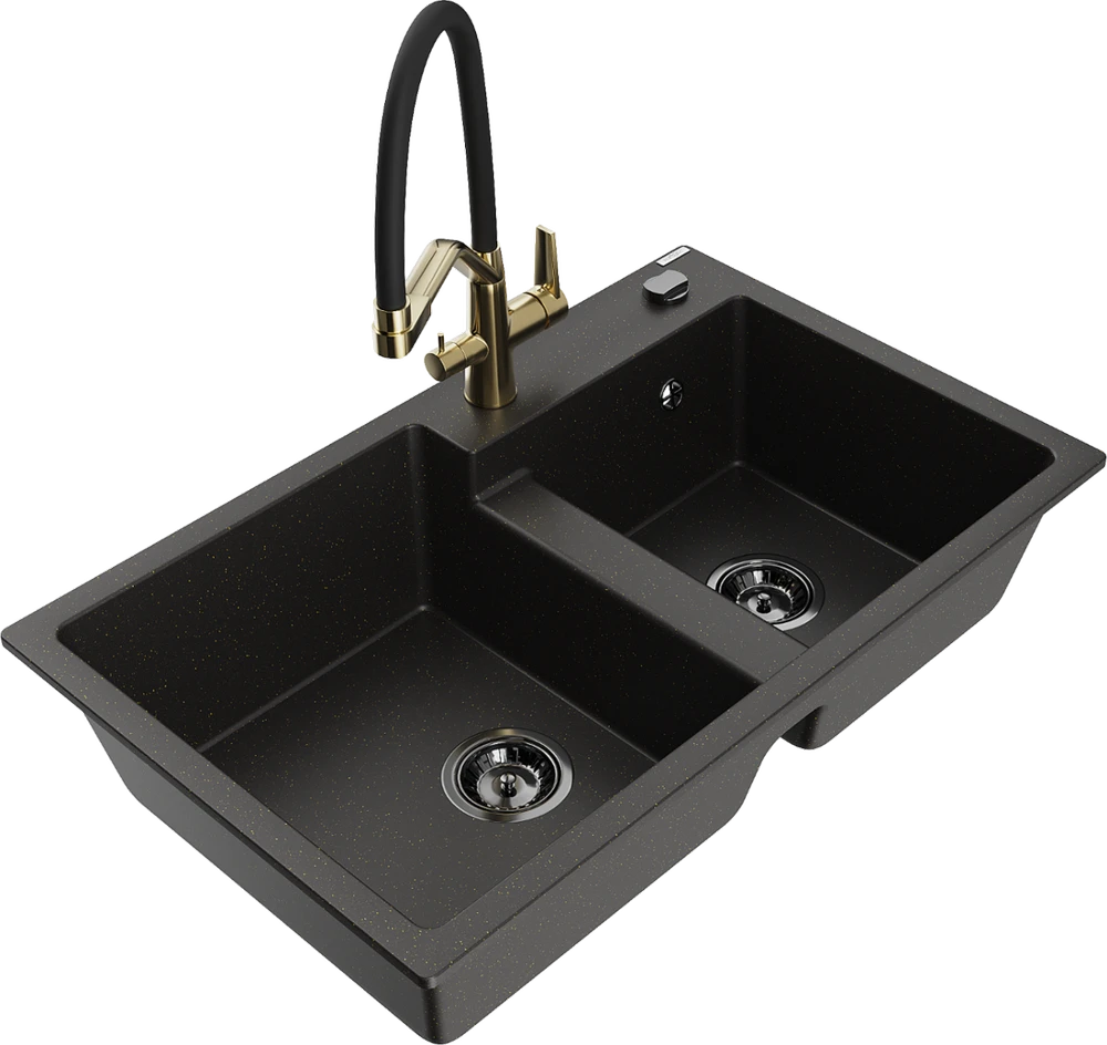 Granitinė virtuvinė plautuvė Mexen Tomas su maišytuvu ir sifonu, Metallic juodas/auksinis+Juodas/Gold