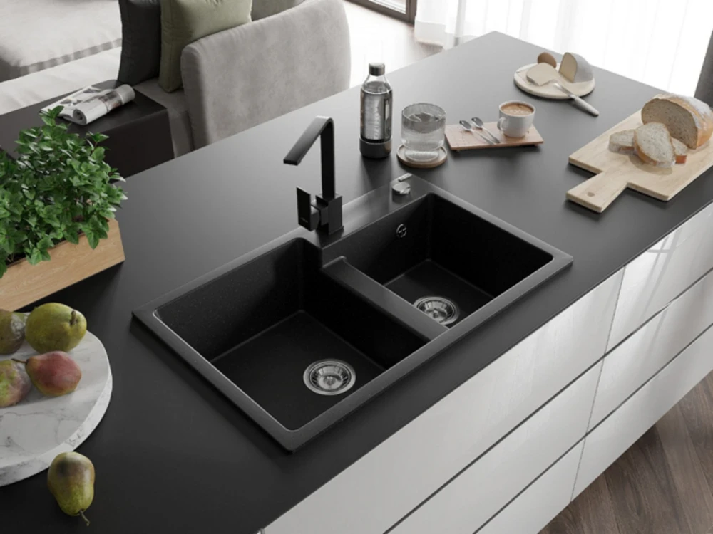 Granitinė virtuvinė plautuvė Mexen Tomas su maišytuvu ir sifonu, Metallic juodas/sidabrinis+Juodas