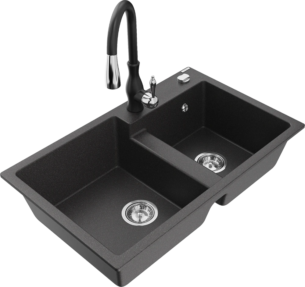 Granitinė virtuvinė plautuvė Mexen Tomas su maišytuvu ir sifonu, Juodas granite+Juodas