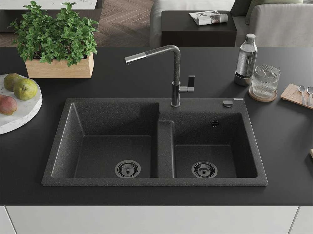 Granitinė virtuvinė plautuvė Mexen Tomas su maišytuvu ir sifonu, Juodas granite+Juodas granite/Chrome