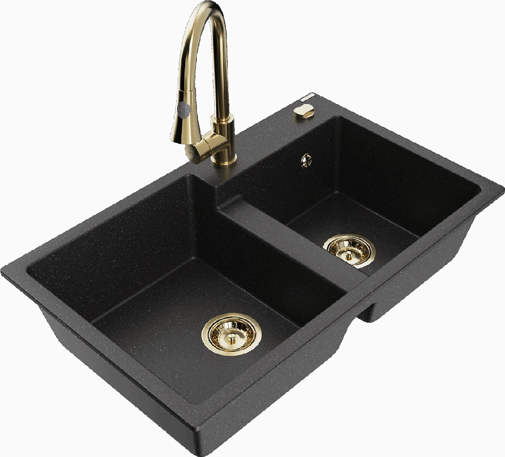 Granitinė virtuvinė plautuvė Mexen Tomas su maišytuvu ir sifonu, Metallic juodas/sidabrinis+Gold