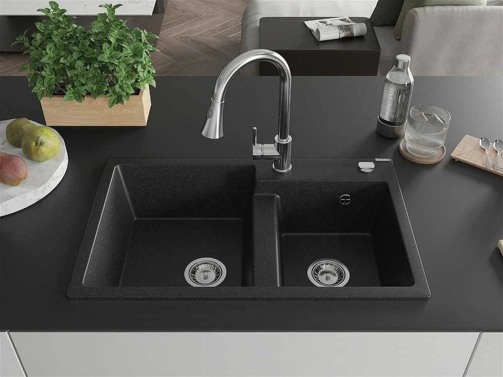 Granitinė virtuvinė plautuvė Mexen Tomas su maišytuvu ir sifonu, Metallic juodas/sidabrinis+Chrome