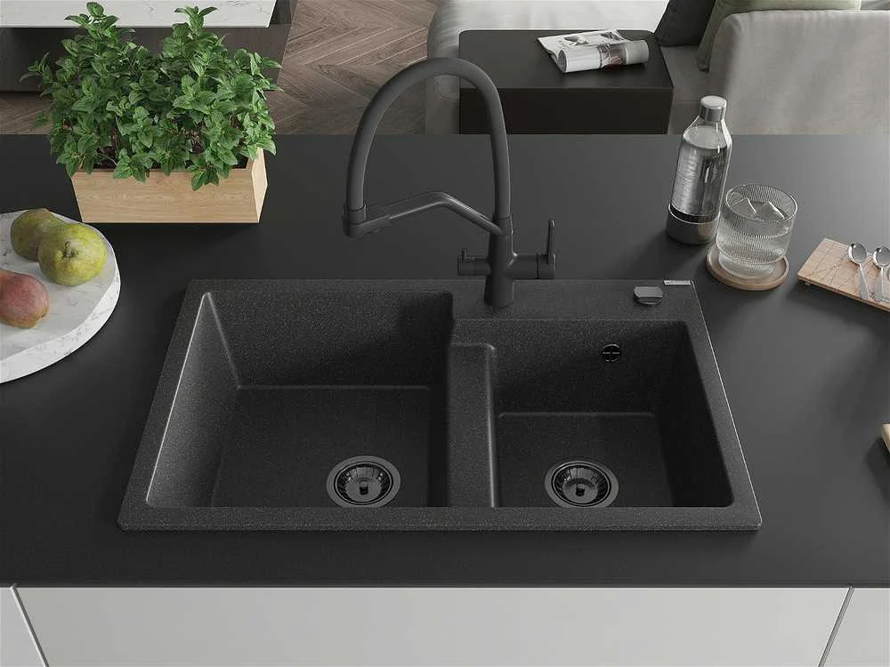Granitinė virtuvinė plautuvė Mexen Tomas su maišytuvu ir sifonu, Juodas granite+Juodas