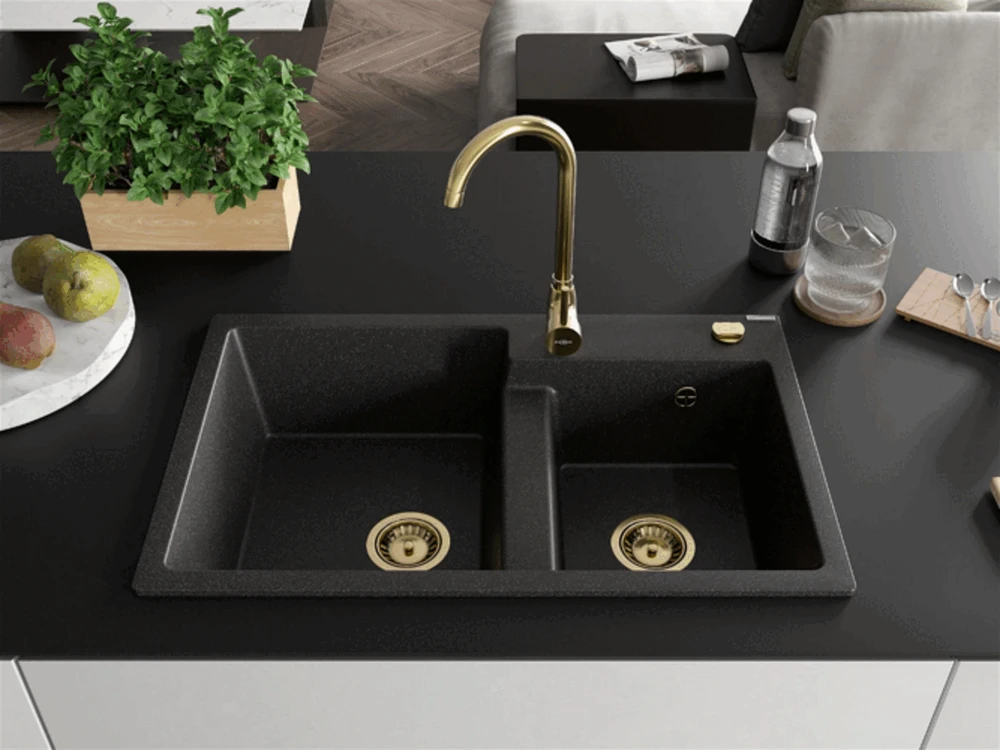 Granitinė virtuvinė plautuvė Mexen Tomas su maišytuvu ir sifonu, Juodas granite+Gold