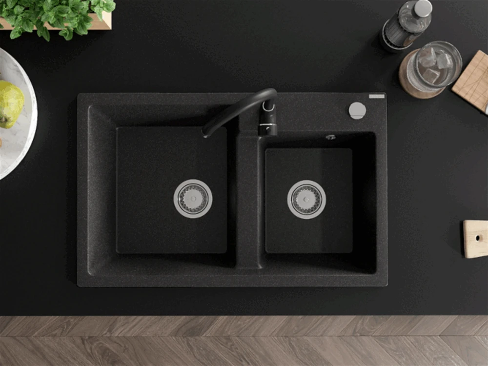 Granitinė virtuvinė plautuvė Mexen Tomas su maišytuvu ir sifonu, Juodas granite+Juodas