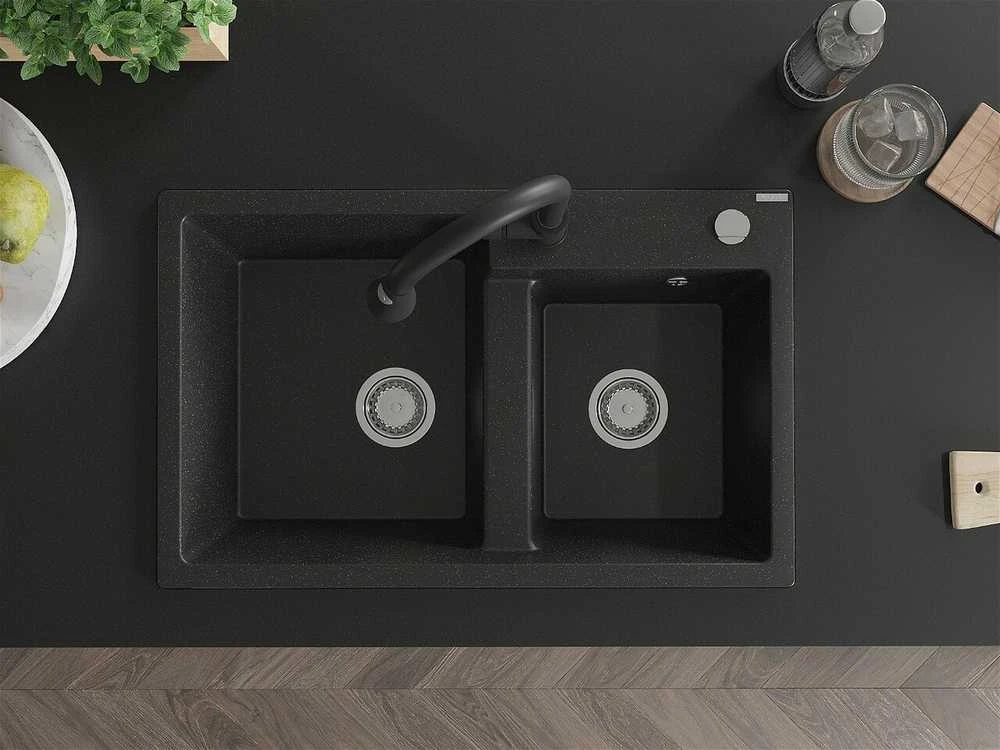 Granitinė virtuvinė plautuvė Mexen Tomas su maišytuvu ir sifonu, Metallic juodas/sidabrinis+Juodas