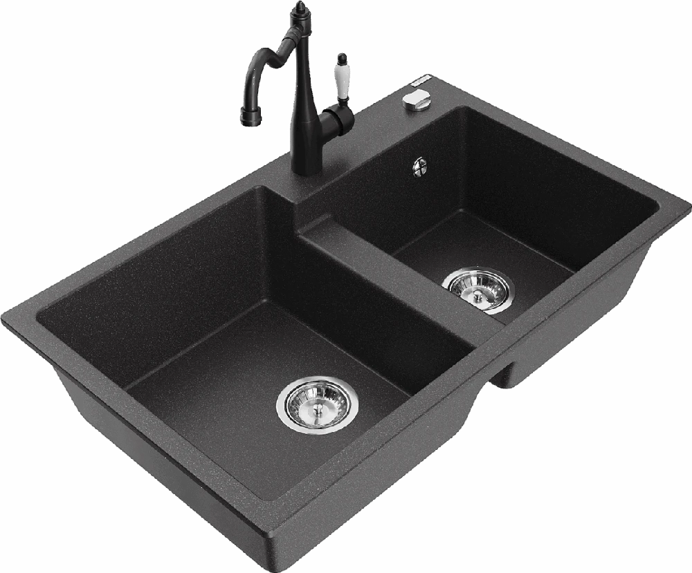 Granitinė virtuvinė plautuvė Mexen Tomas su maišytuvu ir sifonu, Juodas granite+Juodas