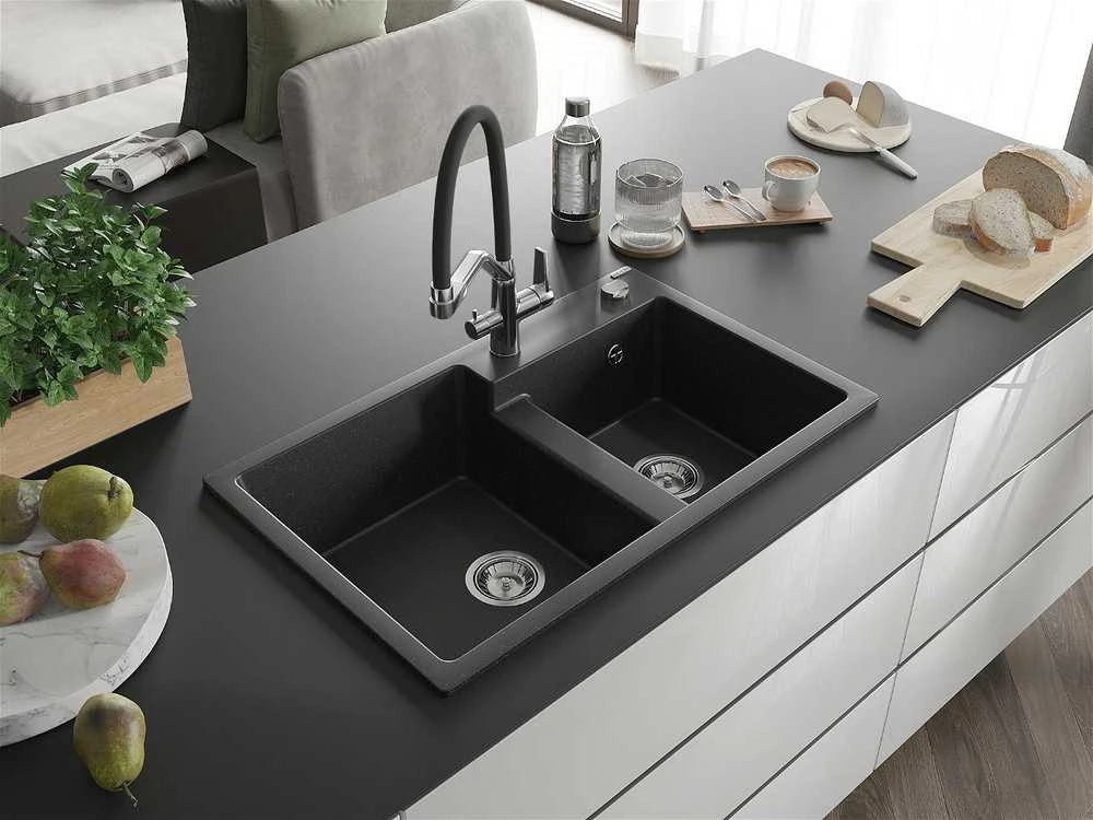Granitinė virtuvinė plautuvė Mexen Tomas su maišytuvu ir sifonu, Metallic juodas/sidabrinis+Juodas/Chrome