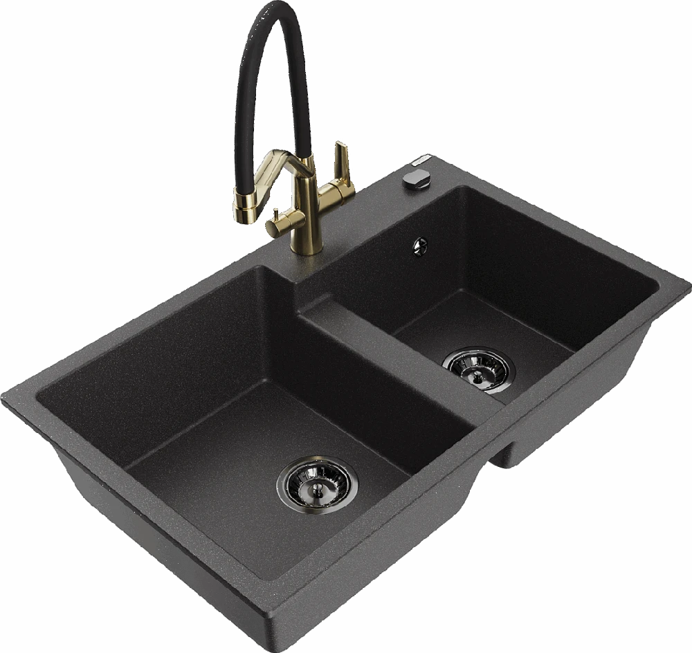 Granitinė virtuvinė plautuvė Mexen Tomas su maišytuvu ir sifonu, Juodas granite+Juodas/Gold