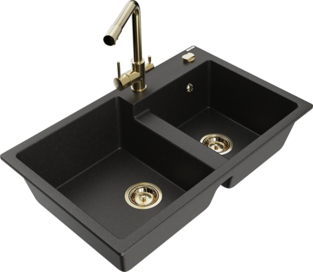 Granitinė virtuvinė plautuvė Mexen Tomas su maišytuvu ir sifonu, Metallic juodas/auksinis+Gold