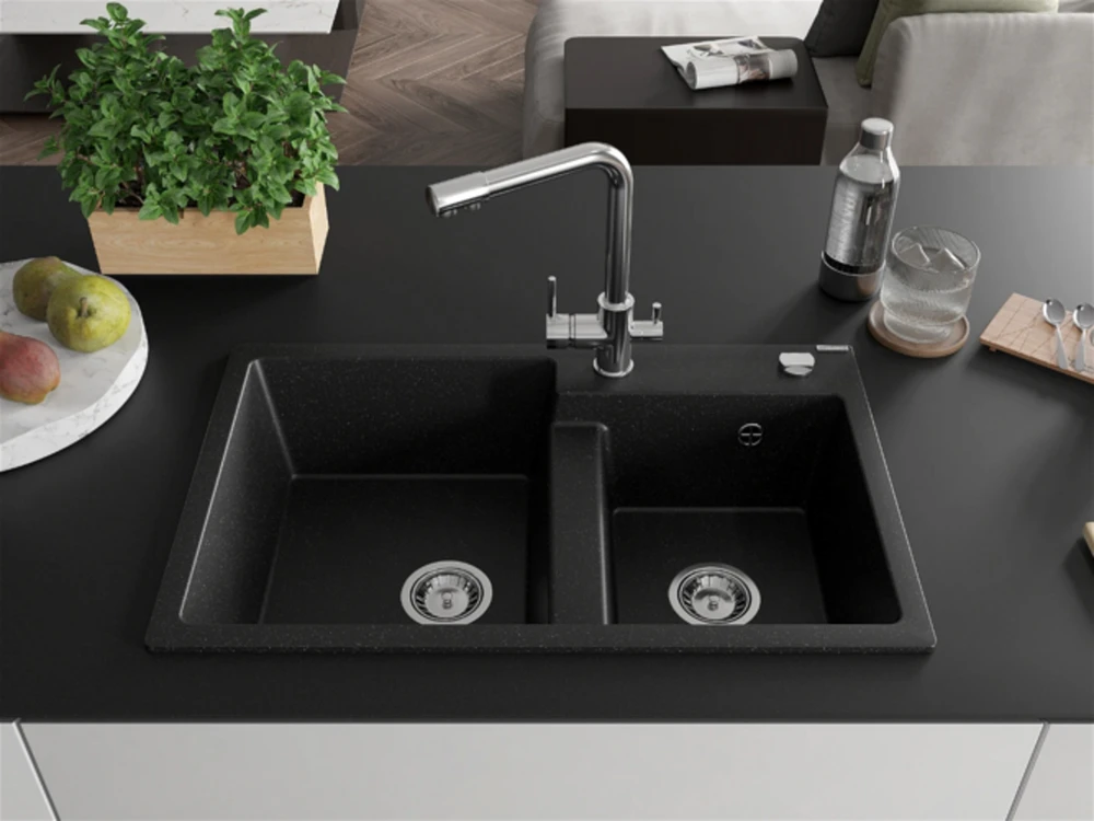 Granitinė virtuvinė plautuvė Mexen Tomas su maišytuvu ir sifonu, Metallic juodas/sidabrinis+Chrome