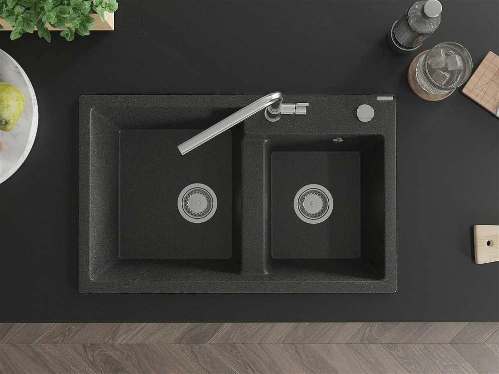 Granitinė virtuvinė plautuvė Mexen Tomas su maišytuvu ir sifonu, Juodas granite+Chrome