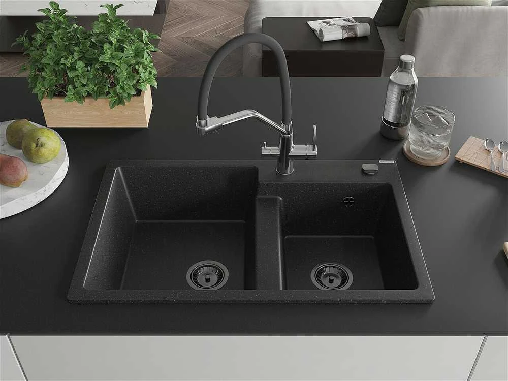Granitinė virtuvinė plautuvė Mexen Tomas su maišytuvu ir sifonu, Metallic juodas/sidabrinis+Juodas/Chrome