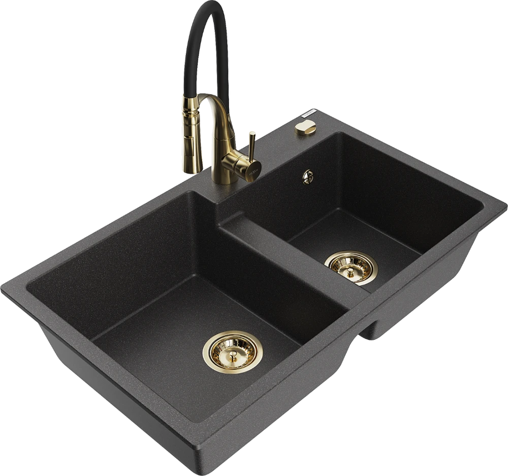 Granitinė virtuvinė plautuvė Mexen Tomas su maišytuvu ir sifonu, Juodas granite+Juodas/Gold