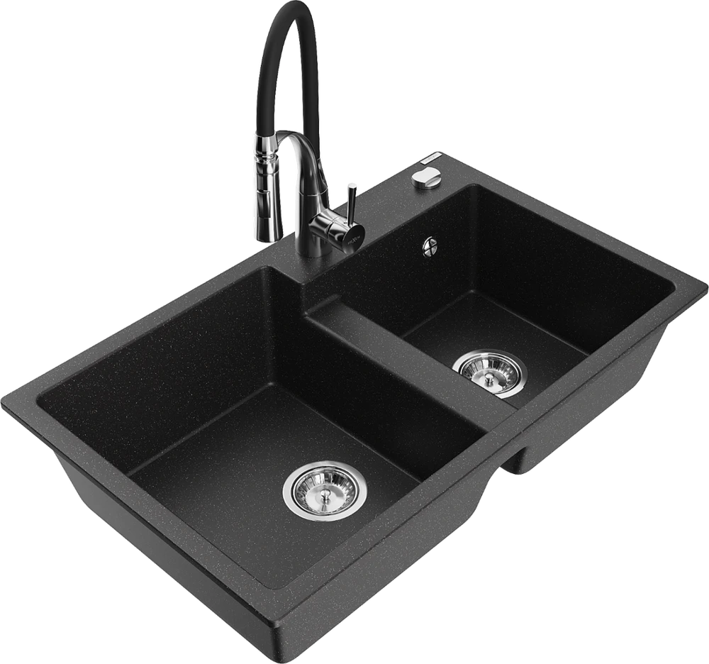 Granitinė virtuvinė plautuvė Mexen Tomas su maišytuvu ir sifonu, Metallic juodas/sidabrinis+Juodas/Chrome