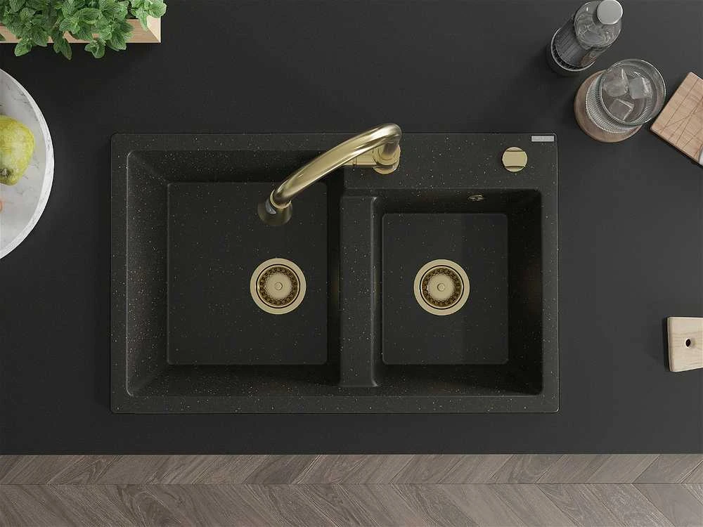 Granitinė virtuvinė plautuvė Mexen Tomas su maišytuvu ir sifonu, Metallic juodas/auksinis+Gold