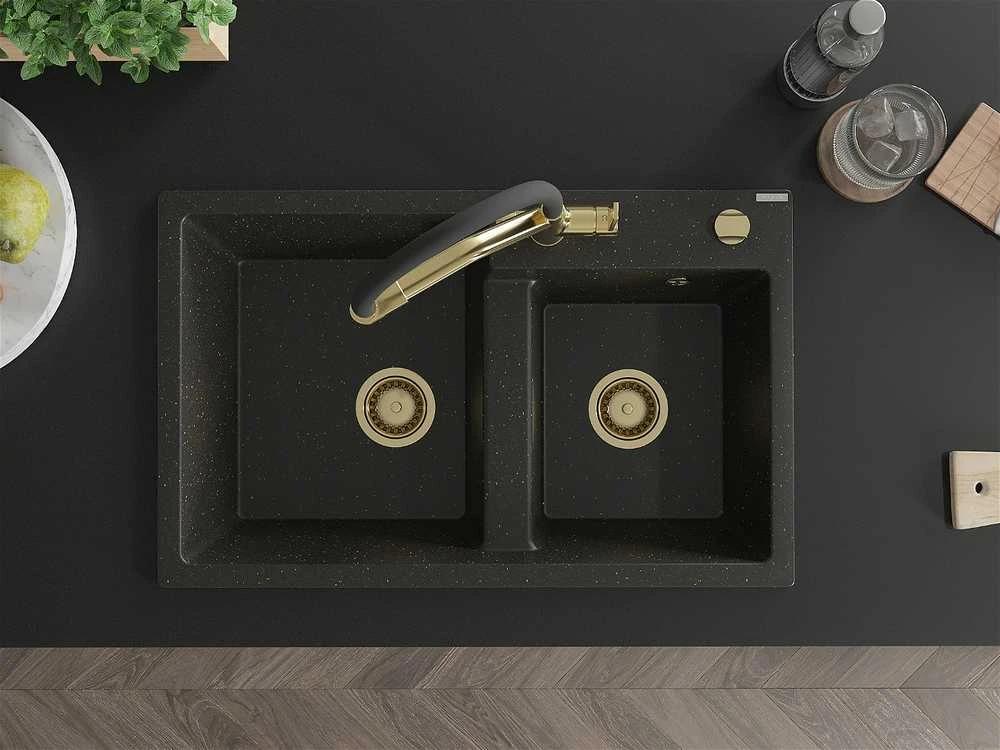 Granitinė virtuvinė plautuvė Mexen Tomas su maišytuvu ir sifonu, Metallic juodas/auksinis+Juodas/Gold