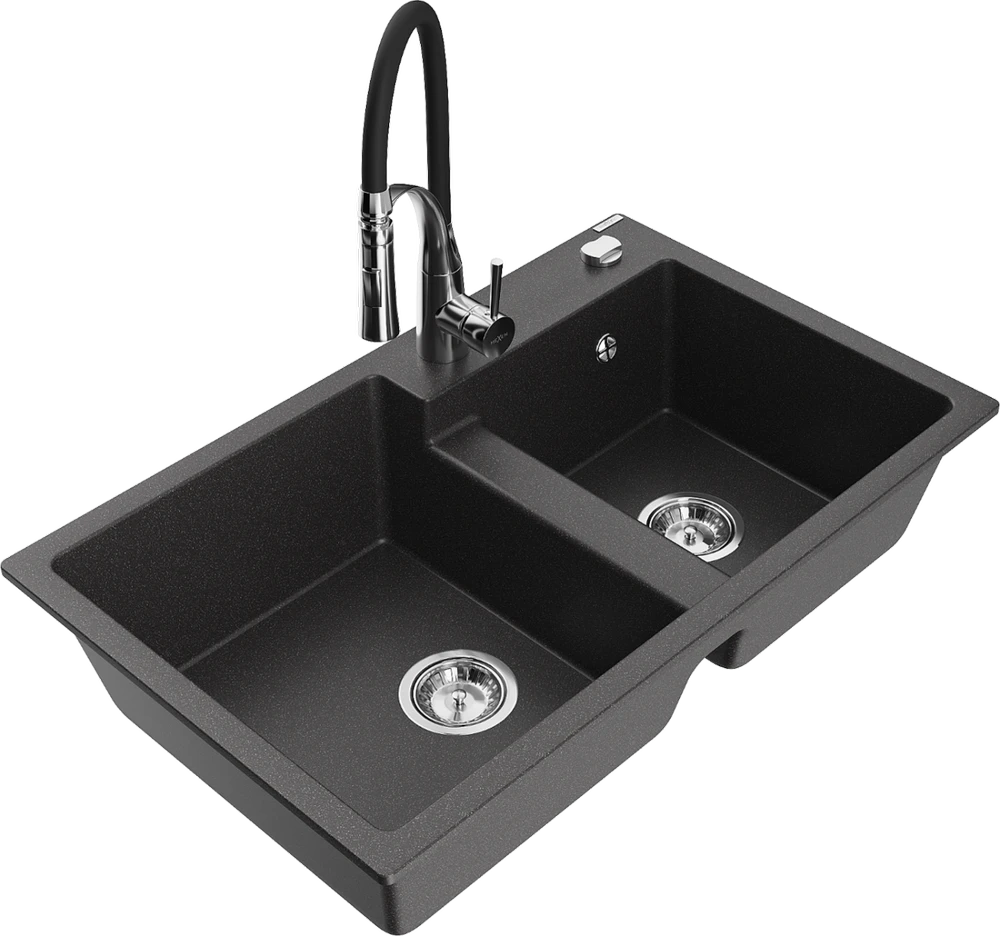 Granitinė virtuvinė plautuvė Mexen Tomas su maišytuvu ir sifonu, Juodas granite+Juodas/Chrome
