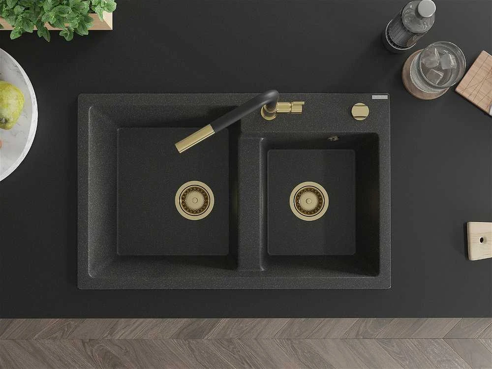 Granitinė virtuvinė plautuvė Mexen Tomas su maišytuvu ir sifonu, Juodas granite+Juodas/Gold