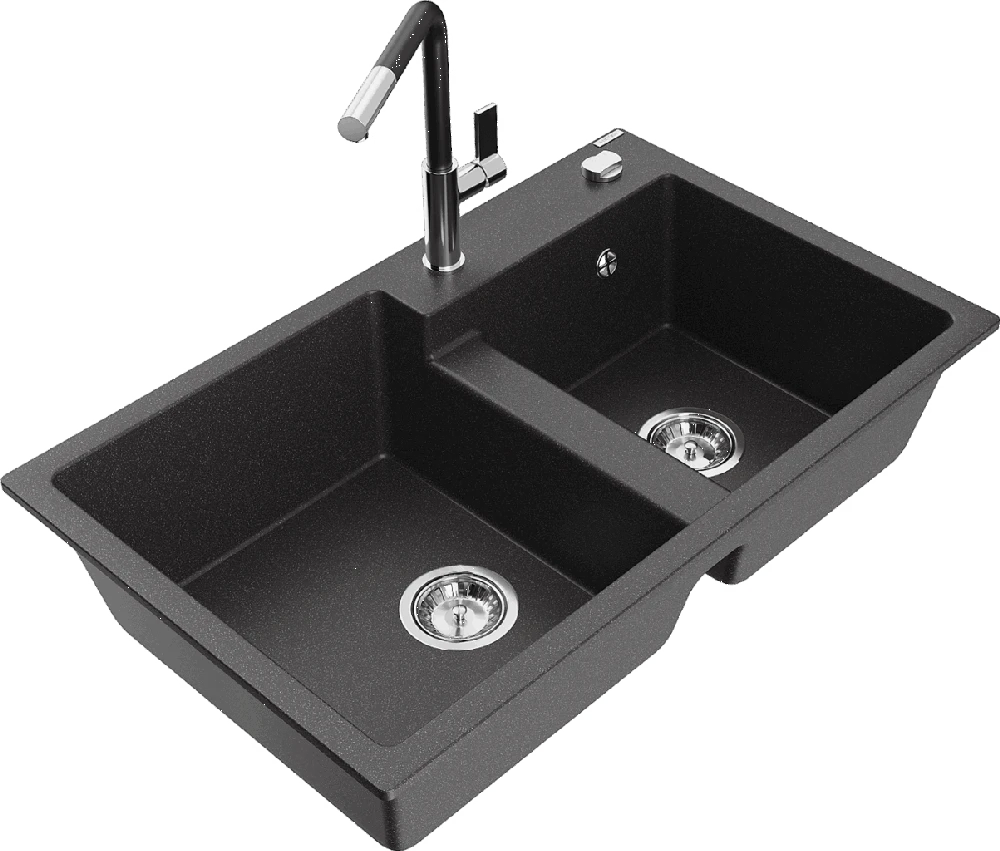 Granitinė virtuvinė plautuvė Mexen Tomas su maišytuvu ir sifonu, Juodas granite+Juodas/Chrome
