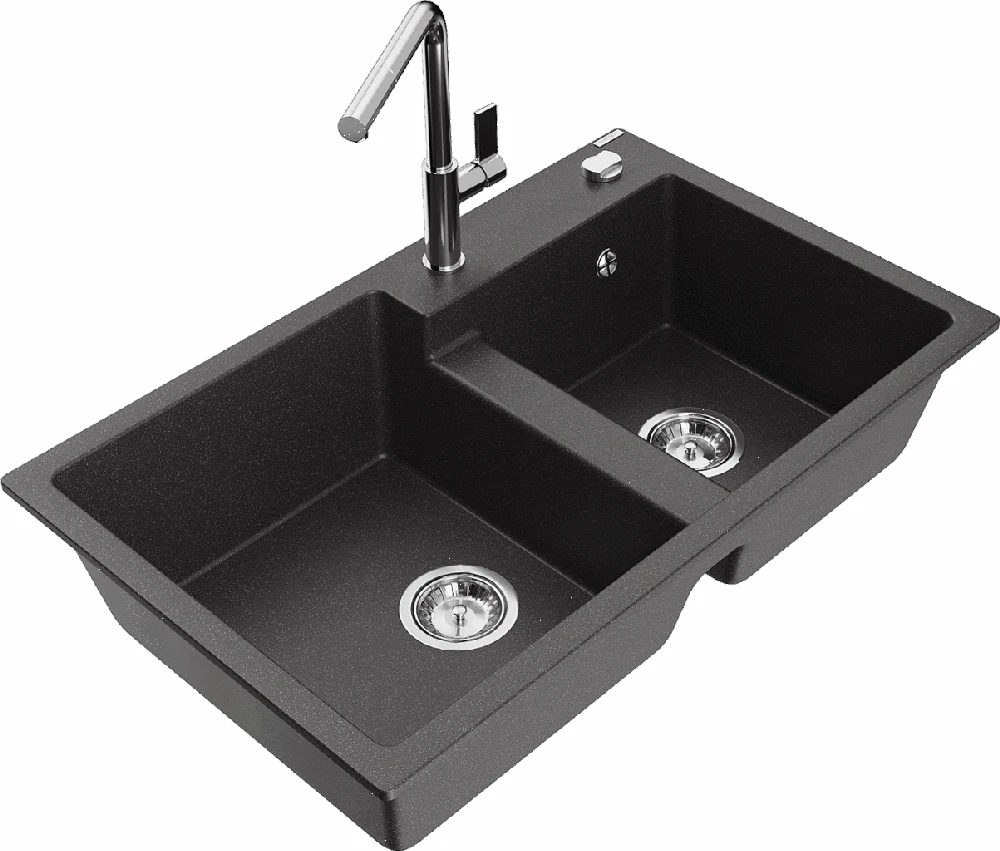Granitinė virtuvinė plautuvė Mexen Tomas su maišytuvu ir sifonu, Juodas granite+Chrome