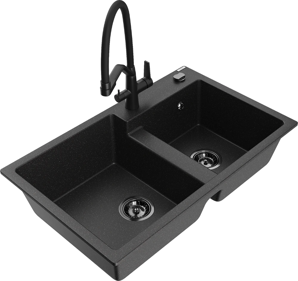 Granitinė virtuvinė plautuvė Mexen Tomas su maišytuvu ir sifonu, Metallic juodas/sidabrinis+Juodas