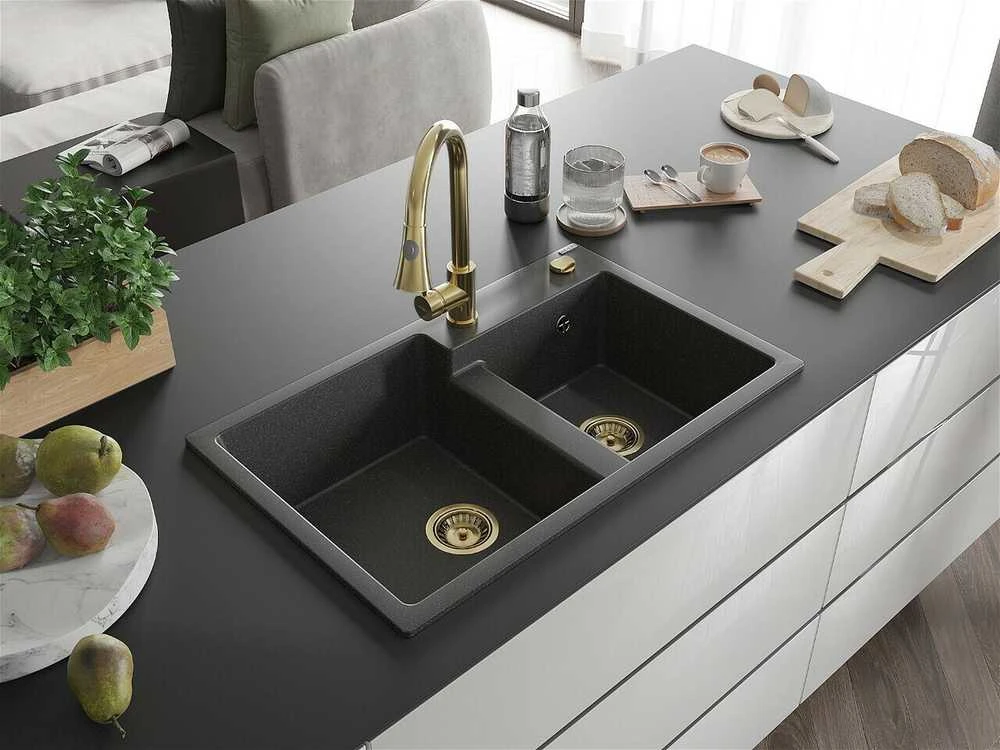 Granitinė virtuvinė plautuvė Mexen Tomas su maišytuvu ir sifonu, Juodas granite+Gold