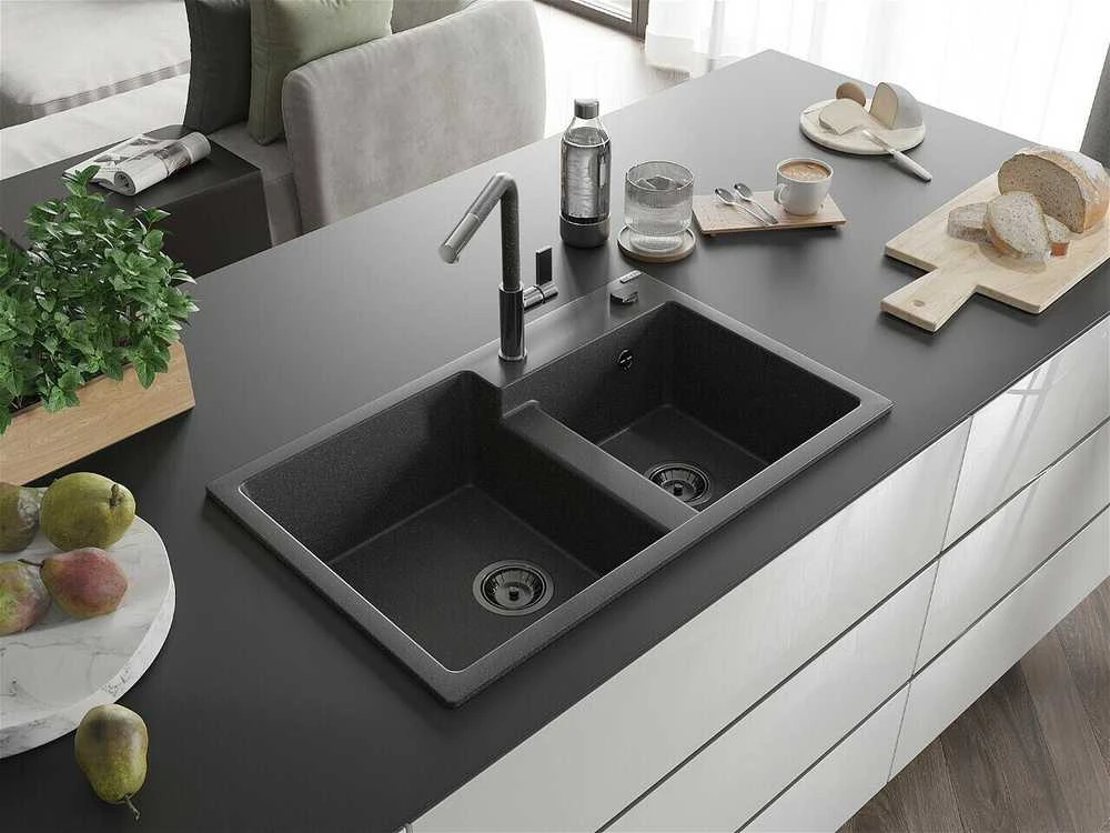 Granitinė virtuvinė plautuvė Mexen Tomas su maišytuvu ir sifonu, Juodas granite+Juodas granite/Chrome