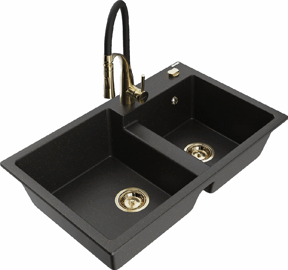 Granitinė virtuvinė plautuvė Mexen Tomas su maišytuvu ir sifonu, Metallic juodas/auksinis+Juodas/Gold