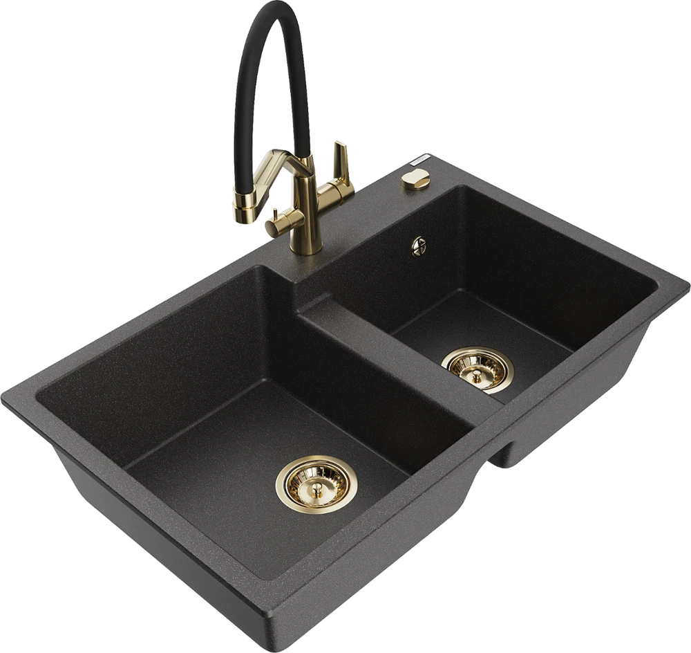 Granitinė virtuvinė plautuvė Mexen Tomas su maišytuvu ir sifonu, Juodas granite+Juodas/Gold