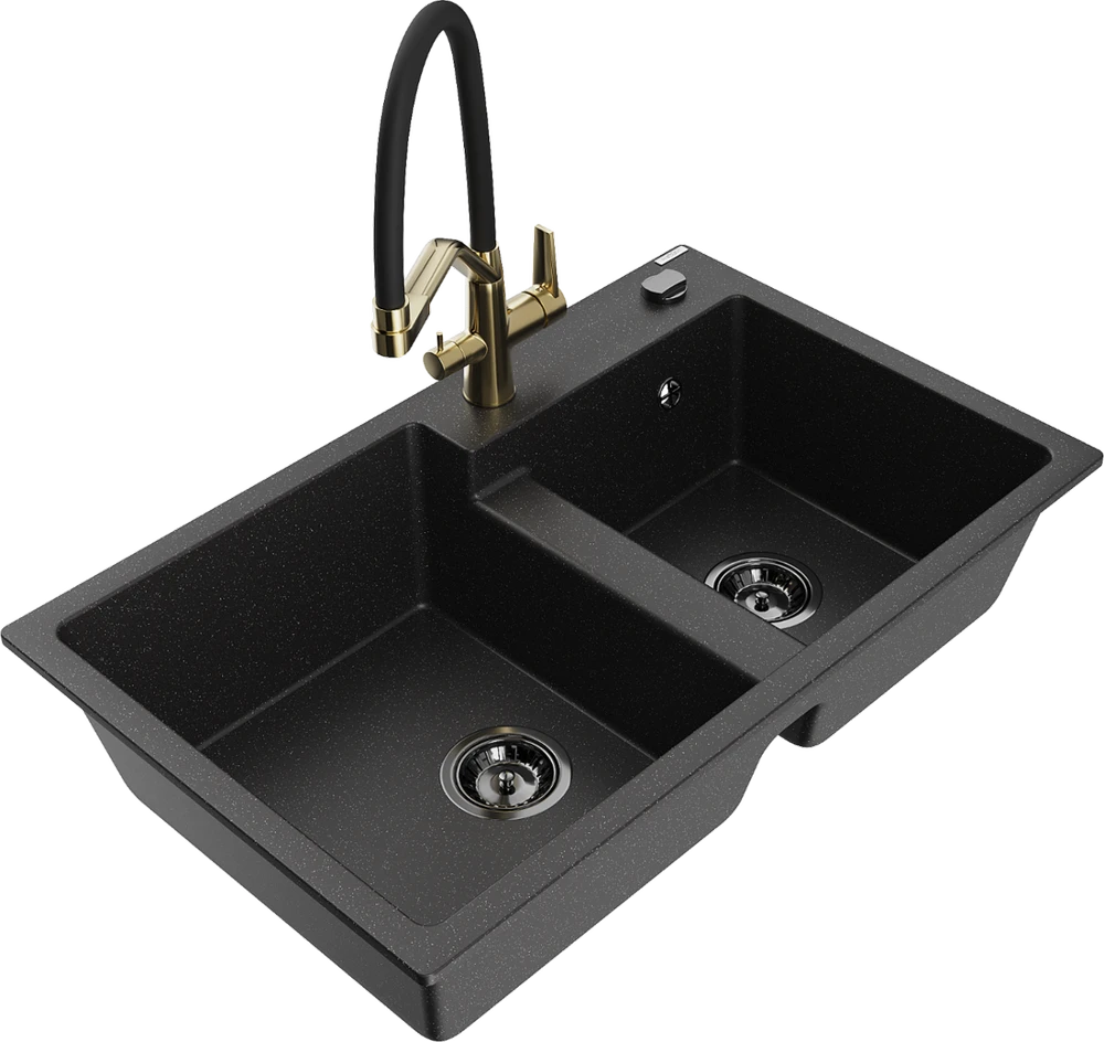 Granitinė virtuvinė plautuvė Mexen Tomas su maišytuvu ir sifonu, Metallic juodas/sidabrinis+Juodas/Gold