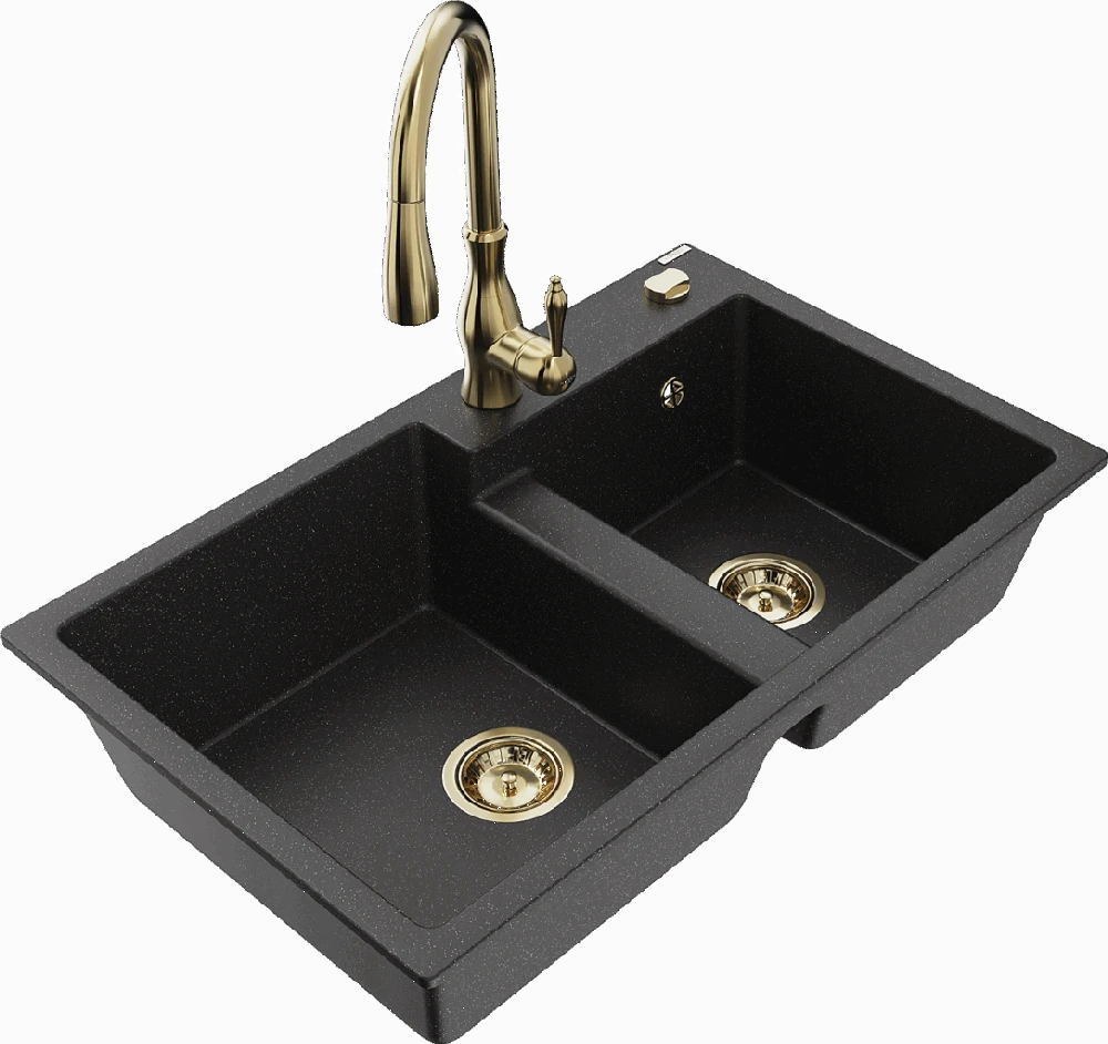 Granitinė virtuvinė plautuvė Mexen Tomas su maišytuvu ir sifonu, Metallic juodas/sidabrinis+Gold