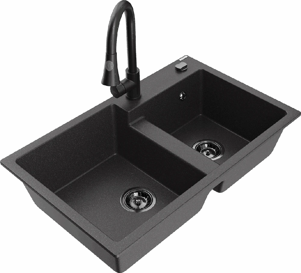 Granitinė virtuvinė plautuvė Mexen Tomas su maišytuvu ir sifonu, Juodas granite+Juodas