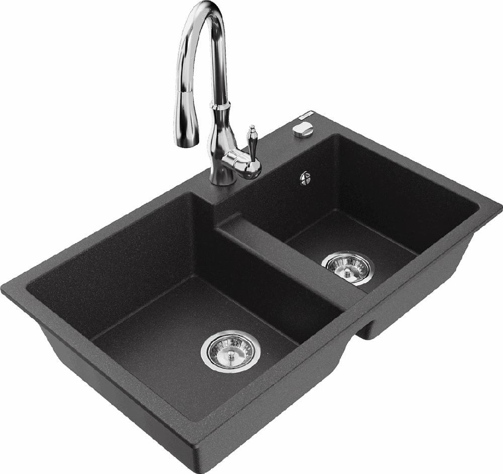 Granitinė virtuvinė plautuvė Mexen Tomas su maišytuvu ir sifonu, Juodas granite+Chrome