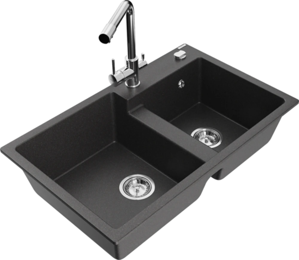 Granitinė virtuvinė plautuvė Mexen Tomas su maišytuvu ir sifonu, Juodas granite+Chrome