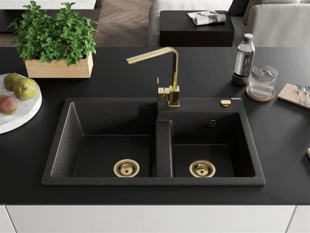 Granitinė virtuvinė plautuvė Mexen Tomas su maišytuvu ir sifonu, Juodas granite+Gold