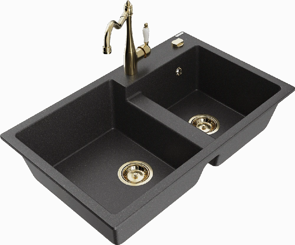 Granitinė virtuvinė plautuvė Mexen Tomas su maišytuvu ir sifonu, Juodas granite+Gold