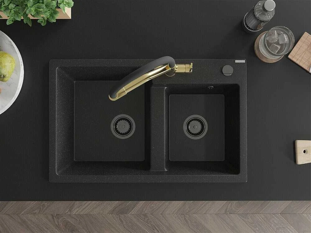 Granitinė virtuvinė plautuvė Mexen Tomas su maišytuvu ir sifonu, Metallic juodas/sidabrinis+Juodas/Gold