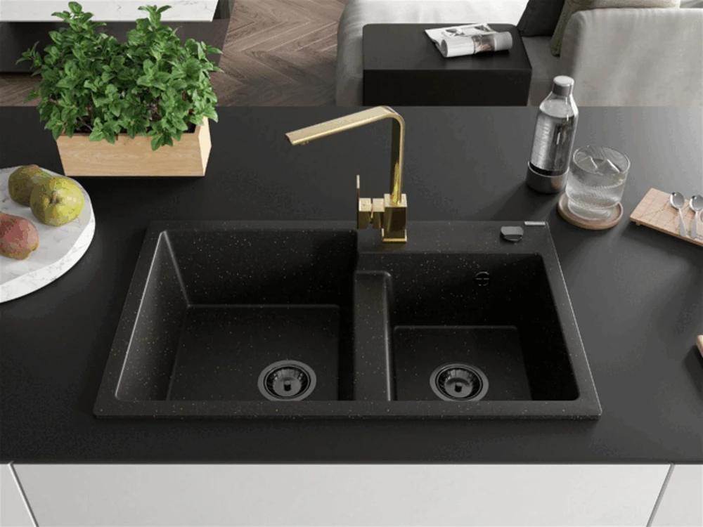 Granitinė virtuvinė plautuvė Mexen Tomas su maišytuvu ir sifonu, Metallic juodas/auksinis+Gold(B)