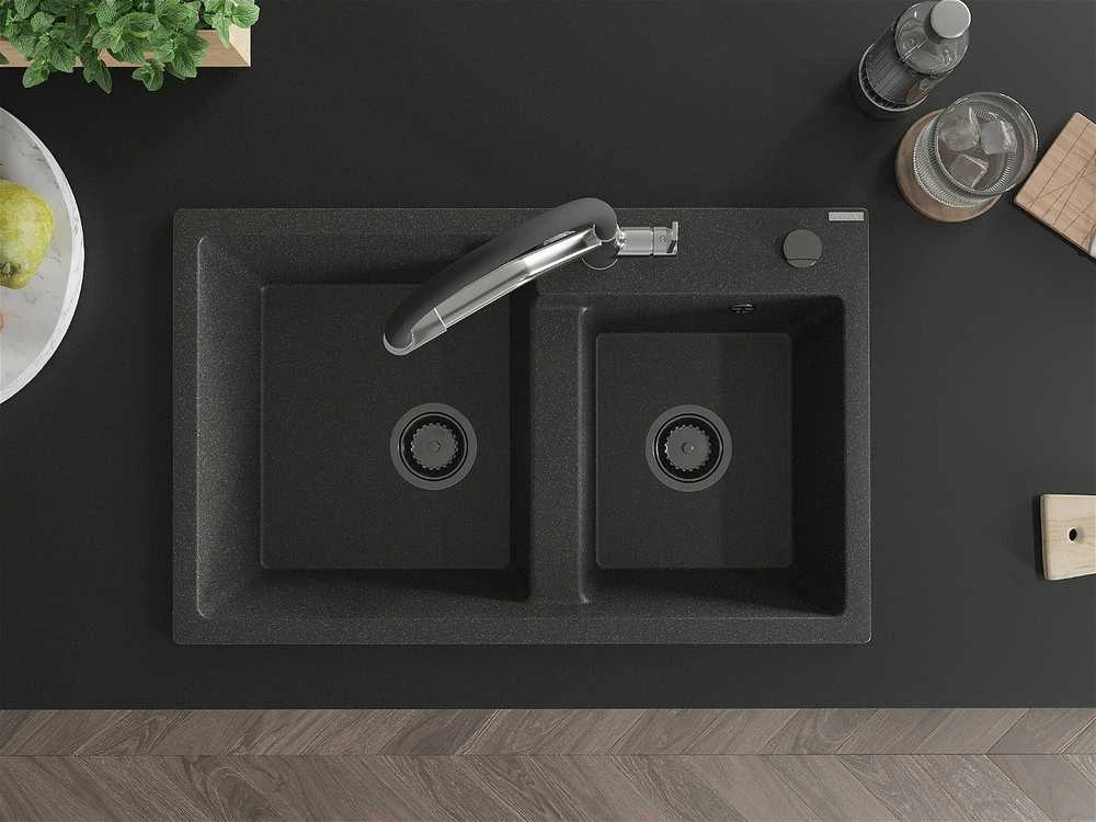 Granitinė virtuvinė plautuvė Mexen Tomas su maišytuvu ir sifonu, Juodas granite+Juodas/Chrome